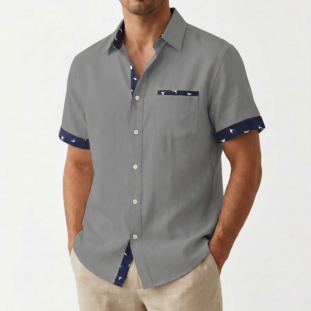 Camisa de Manga Corta para Hombre con Cuello de Solapa y Bordes Estampados