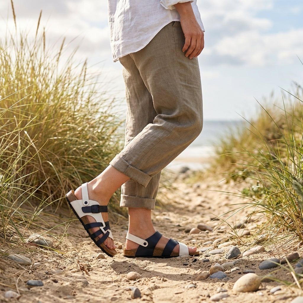 Sandalias de Piel con Tiras Entrelazadas y Suela de Corcho para Hombre con Hebilla