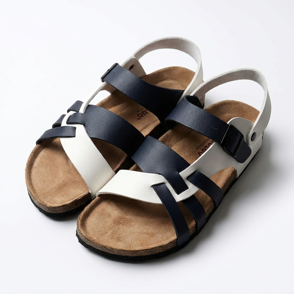 Sandalias de Piel con Tiras Entrelazadas y Suela de Corcho para Hombre con Hebilla
