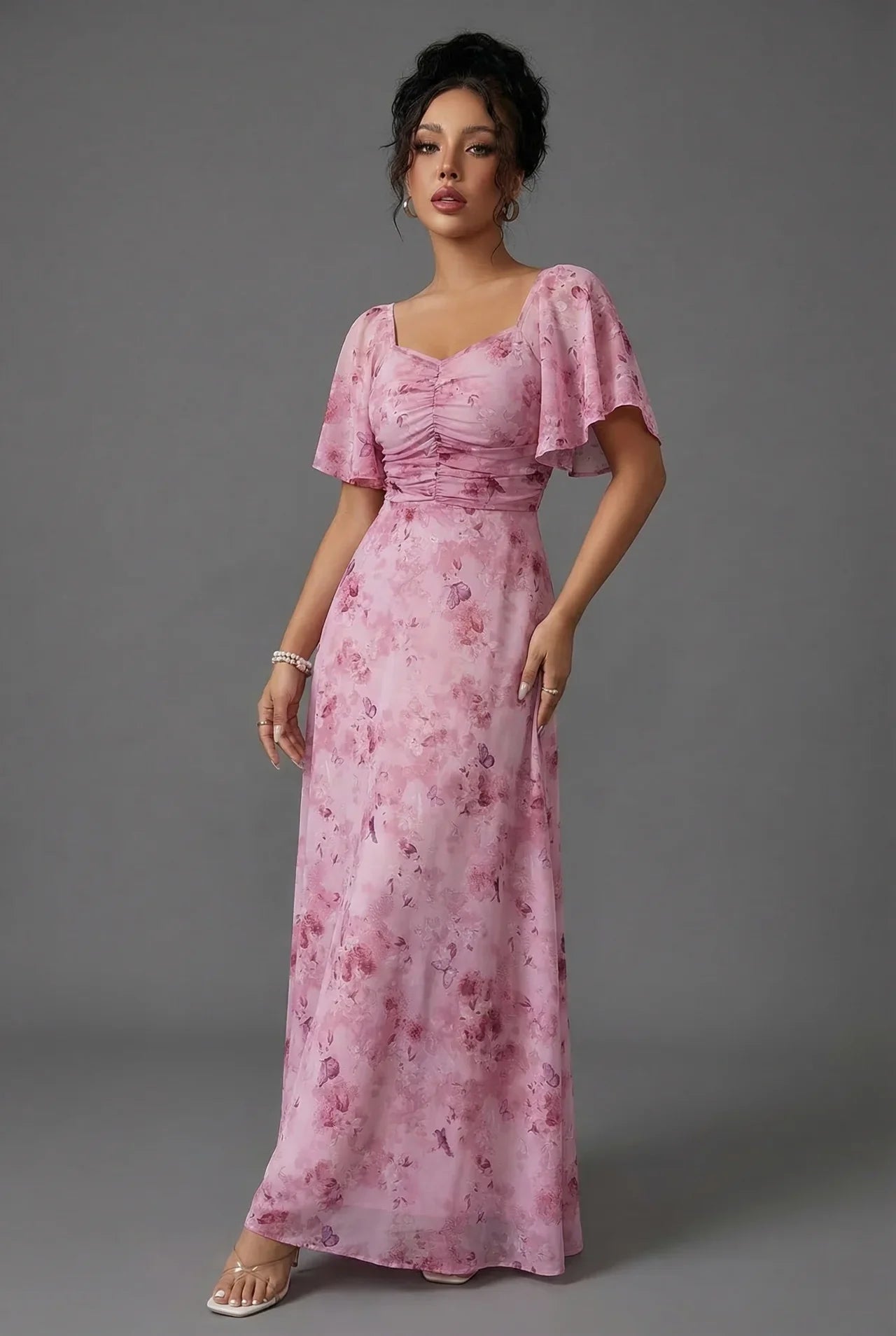 Vestido Largo de Invitada de Boda con Estampado Floral y Mangas de Volantes