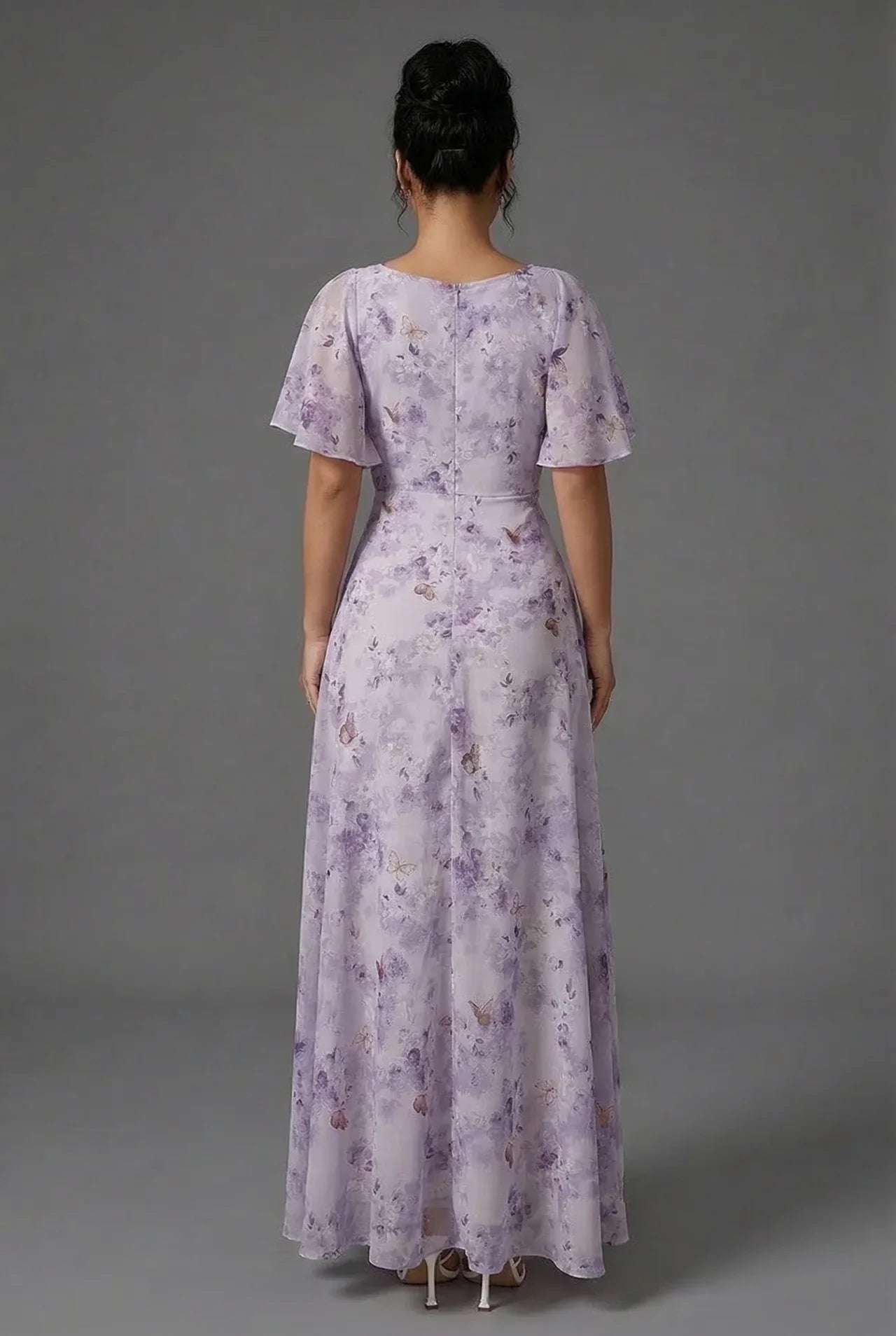 Vestido Largo de Invitada de Boda con Estampado Floral y Mangas de Volantes