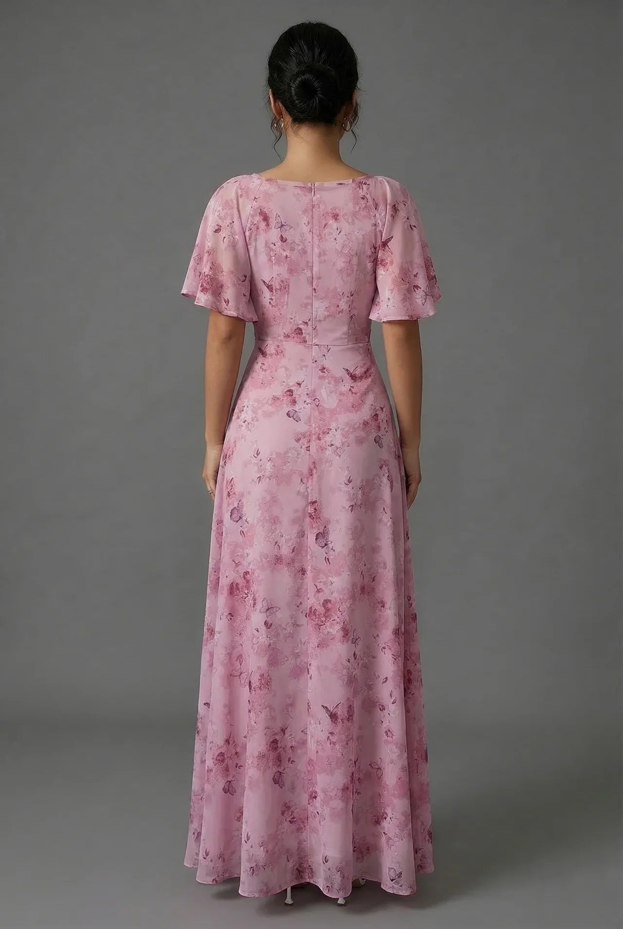 Vestido Largo de Invitada de Boda con Estampado Floral y Mangas de Volantes