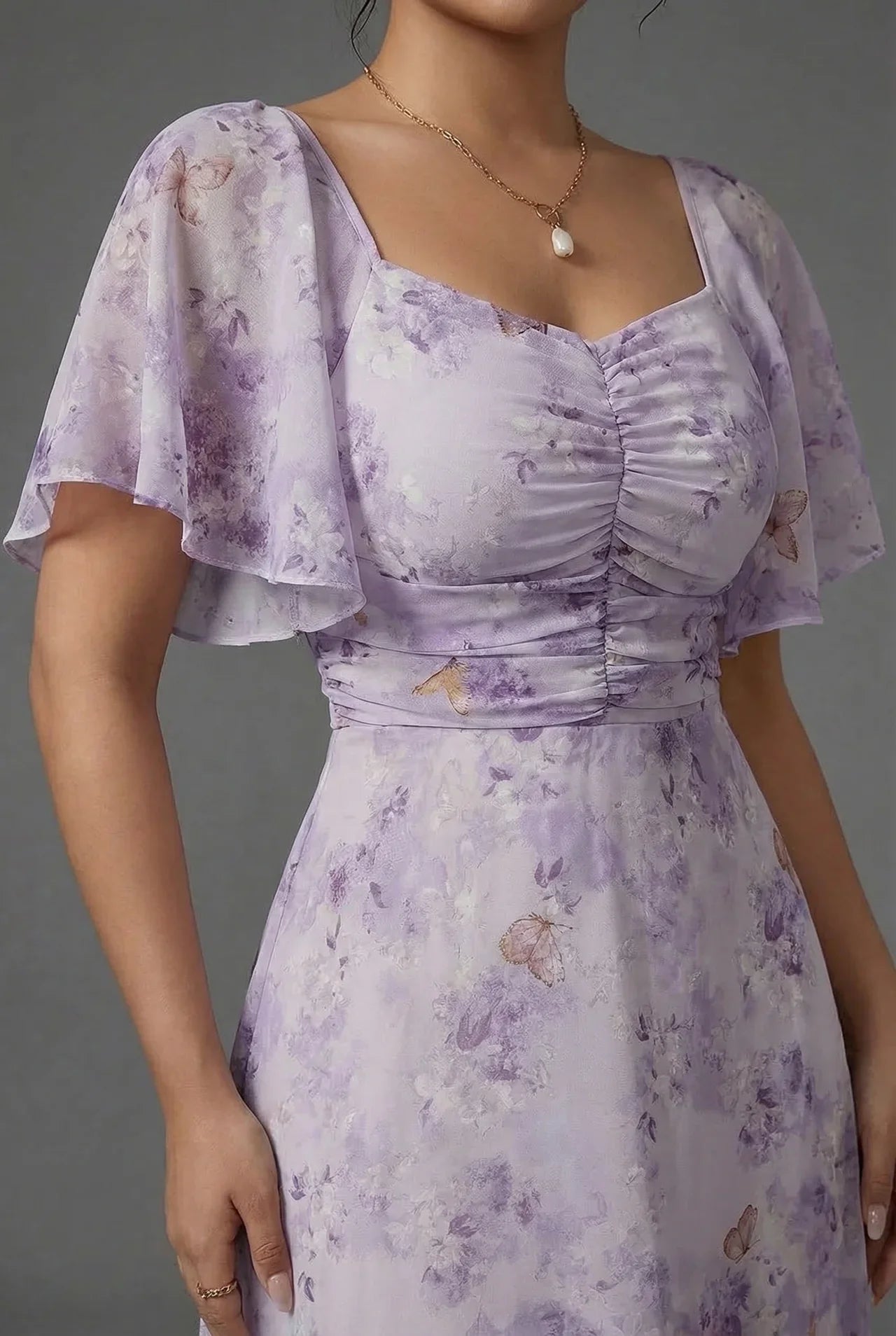 Vestido Largo de Invitada de Boda con Estampado Floral y Mangas de Volantes