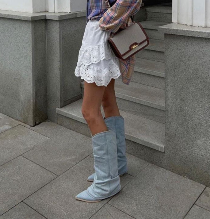 Botas de Mezclilla hasta la Rodilla para Mujer Punta Estrecha y Tacón Medio