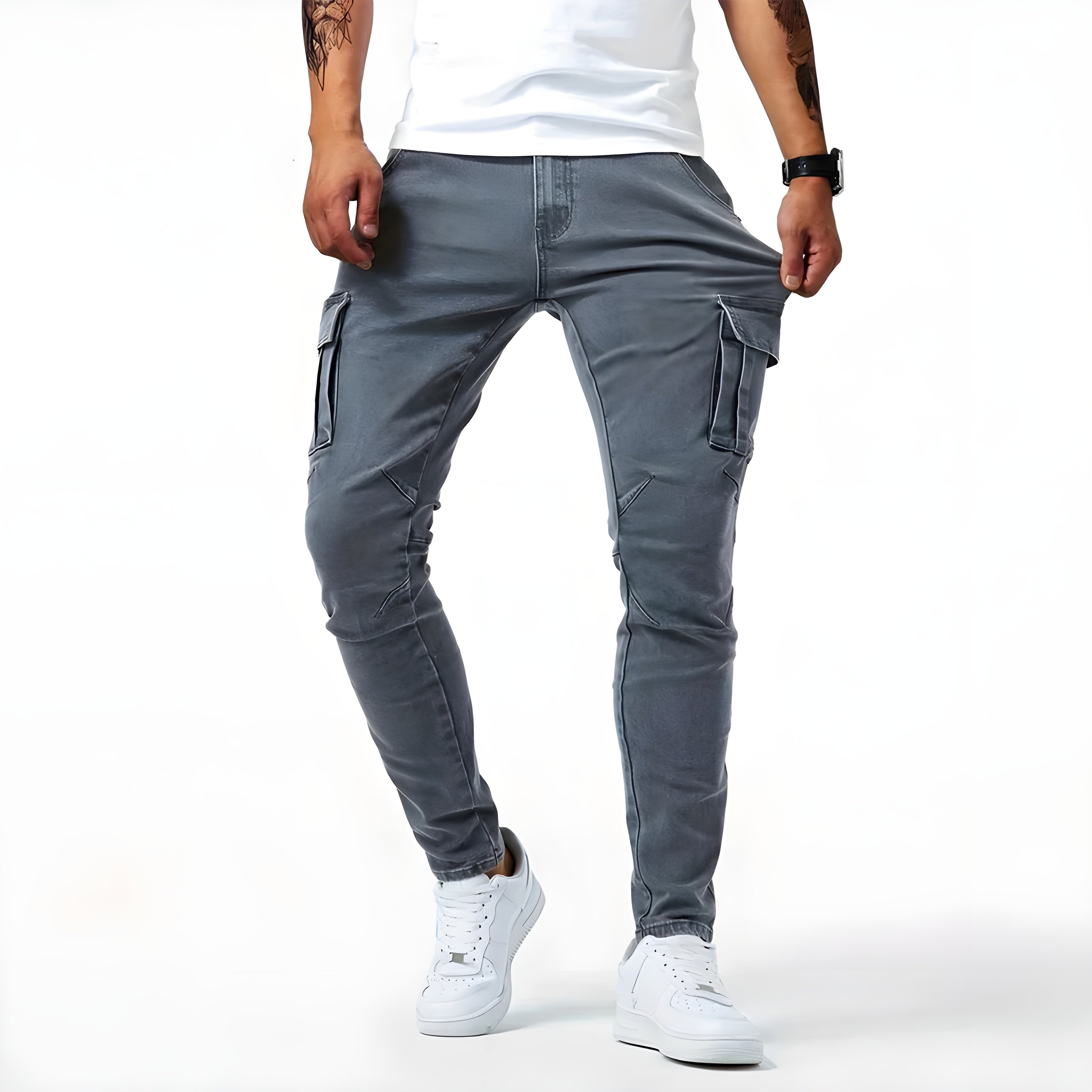 Pantaloni cargo da uomo in denim elasticizzato con tasche funzionali