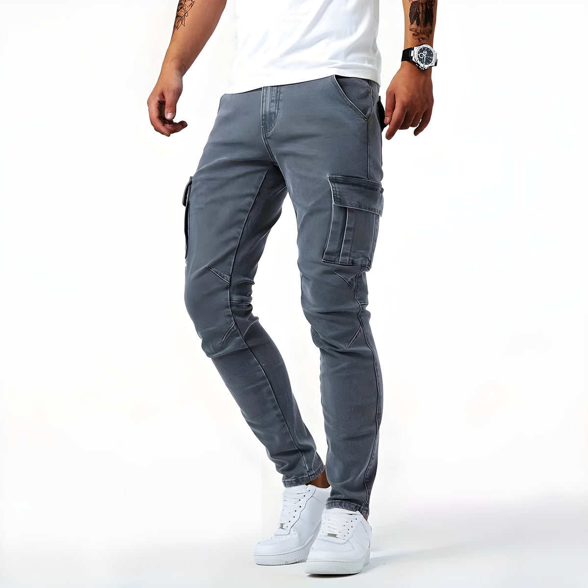 Pantaloni cargo da uomo in denim elasticizzato con tasche funzionali
