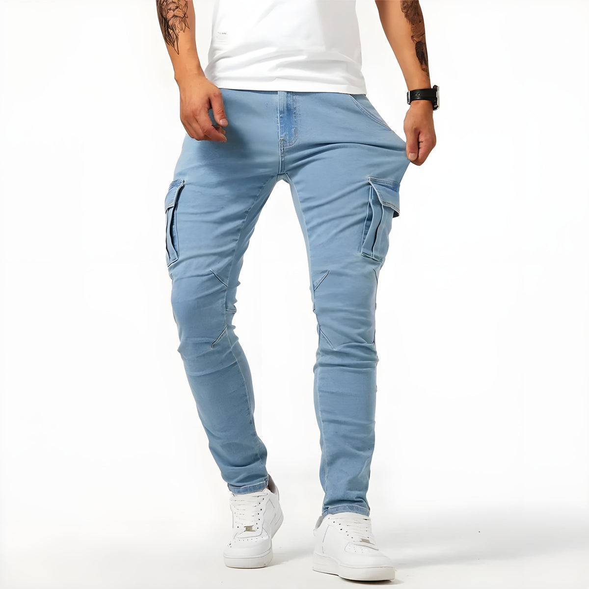 Pantaloni cargo da uomo in denim elasticizzato con tasche funzionali