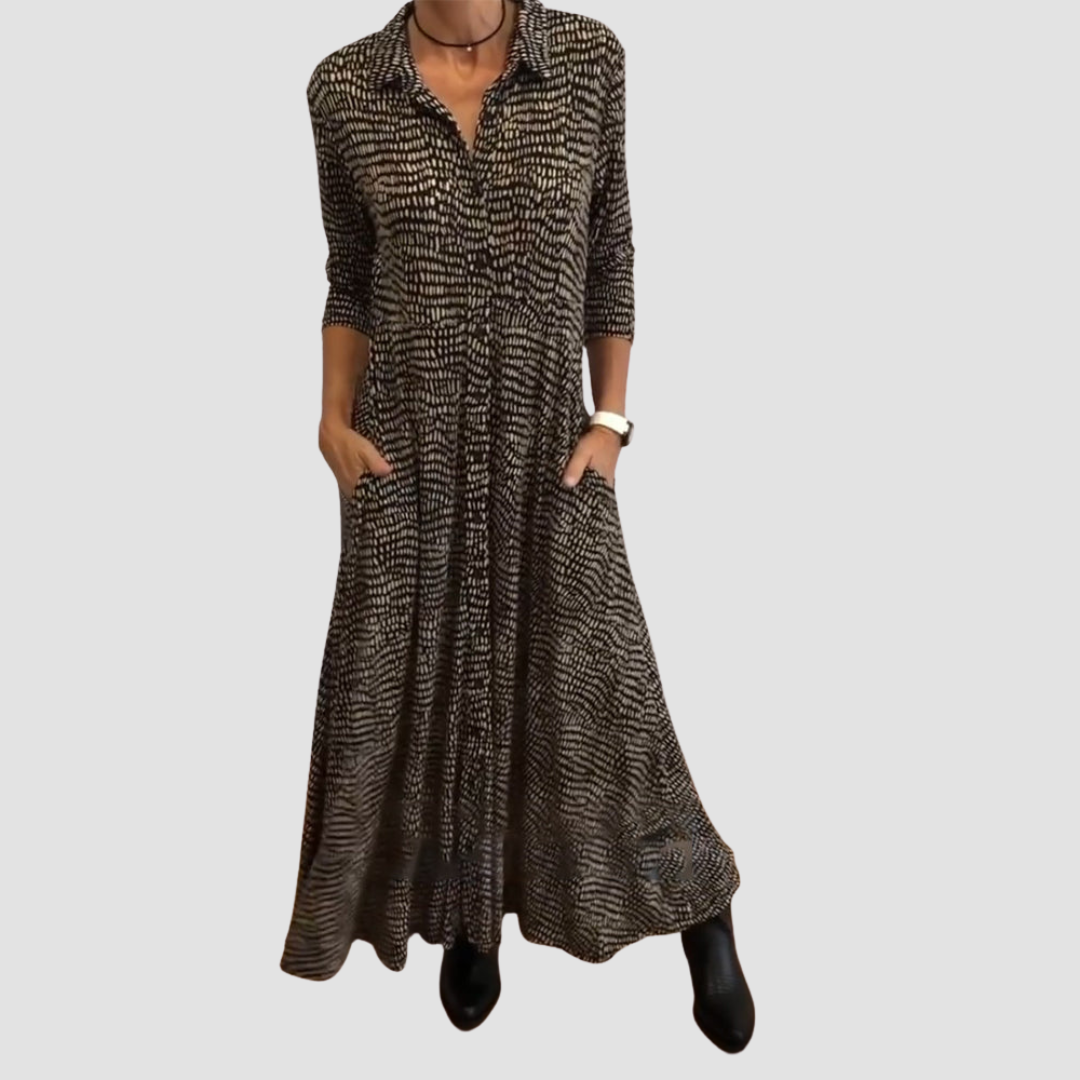 Vestido Midi de Mujer con Manga Media Cuello de Camisa y Bolsillos Laterales