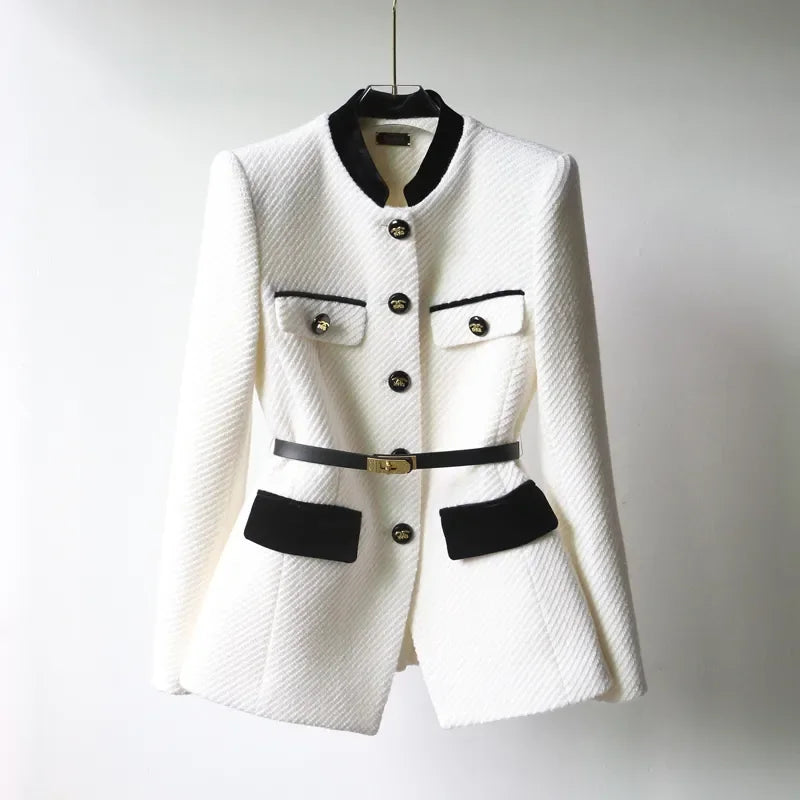 Structured Blazer-Style Jacket with Belt and Gold Buttons for Women