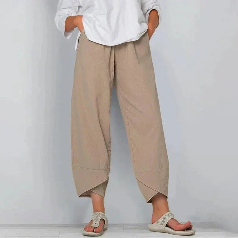 Pantalones de Lino de Pierna Ancha con Cintura Elástica y Dobladillo Cruzado