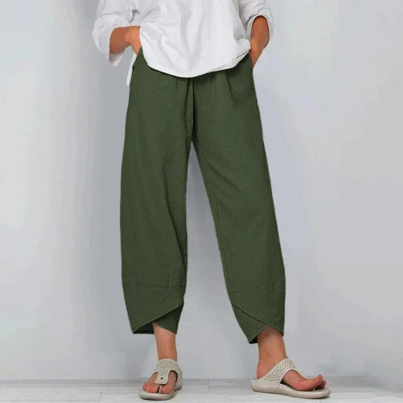 Pantalones de Lino de Pierna Ancha con Cintura Elástica y Dobladillo Cruzado