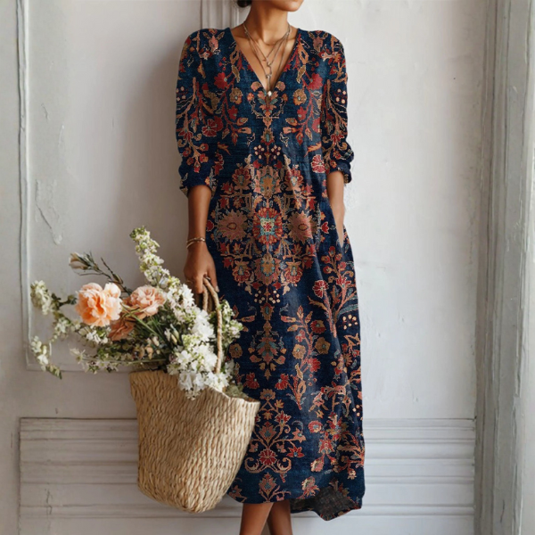 Vestido Largo de Lino para Mujer con Estampado Artístico Retro y Bolsillos