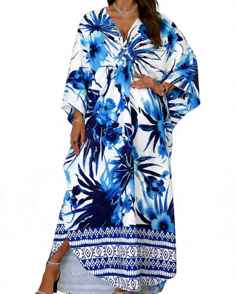 Túnica kimono bordada para mujer con cuello en V — playa
