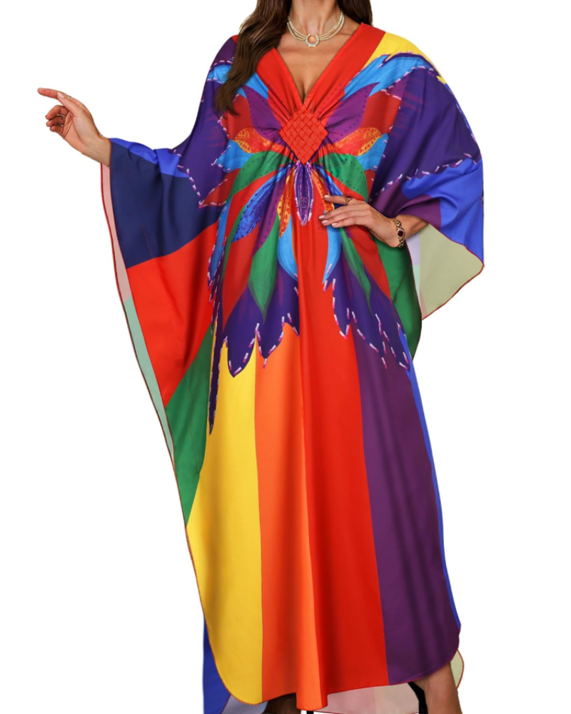 Túnica kimono bordada para mujer con cuello en V — playa