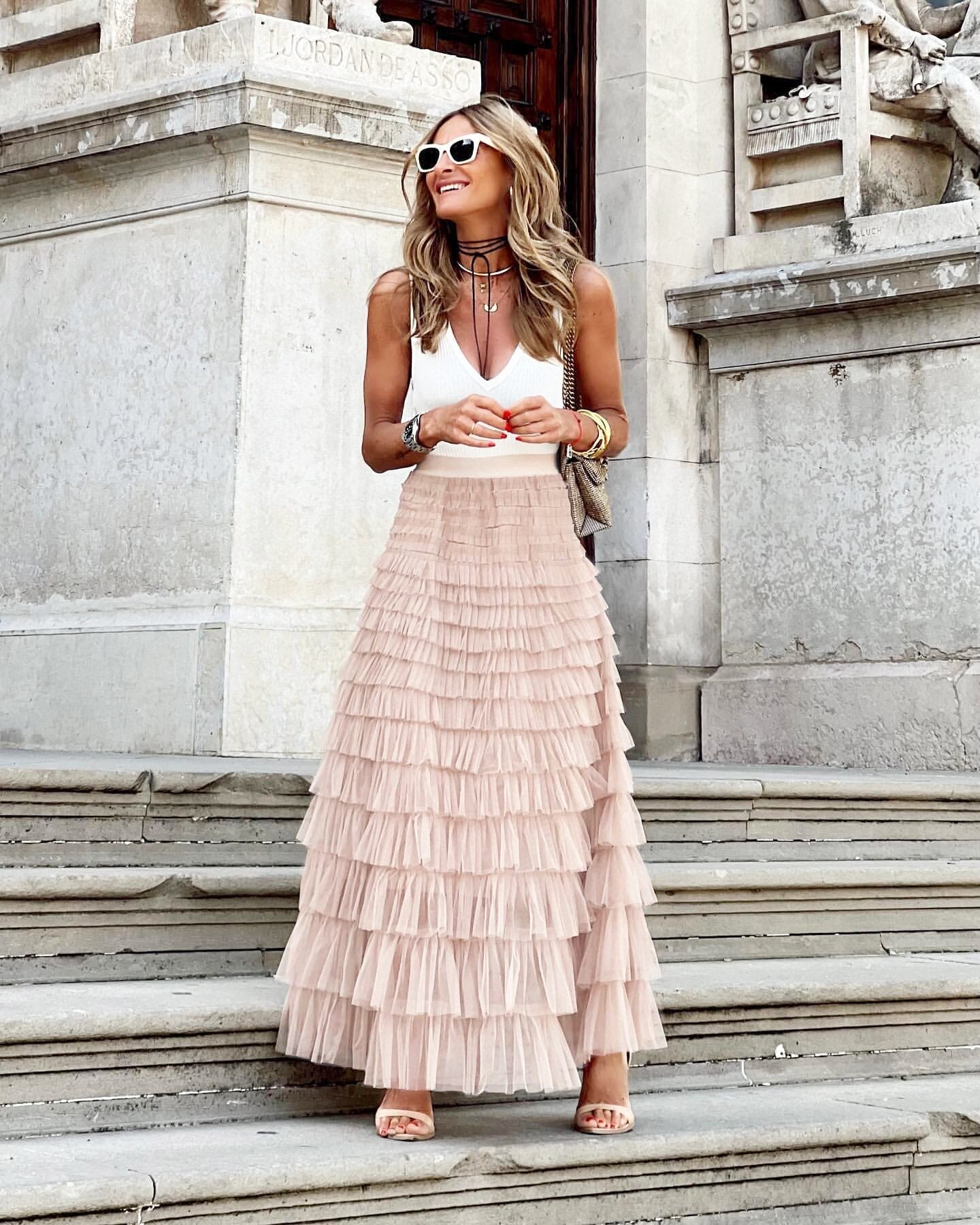 Falda maxi para mujer con capas de tul y cintura alta — boda