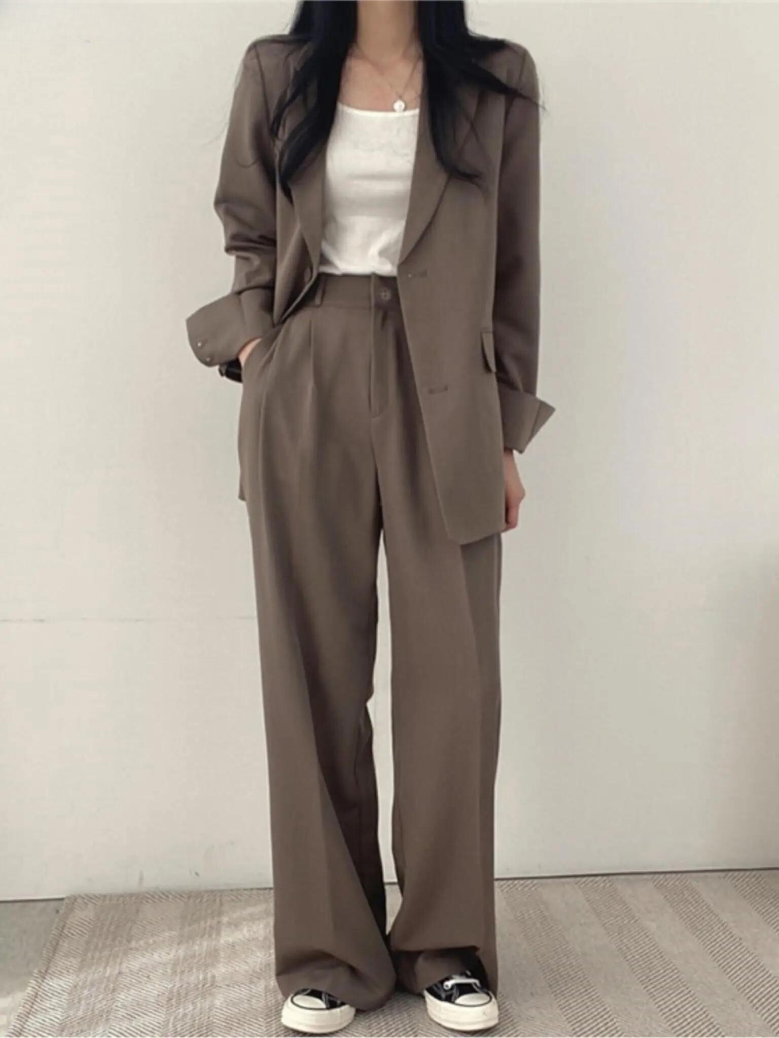 Traje de Pantalón para Mujer de Dos Piezas con Americana de Solapa y Corte Recto