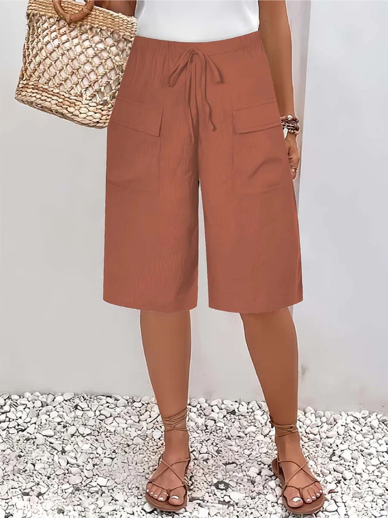 Pantalón corto mujer cintura elástica cordón bolsillos cargo
