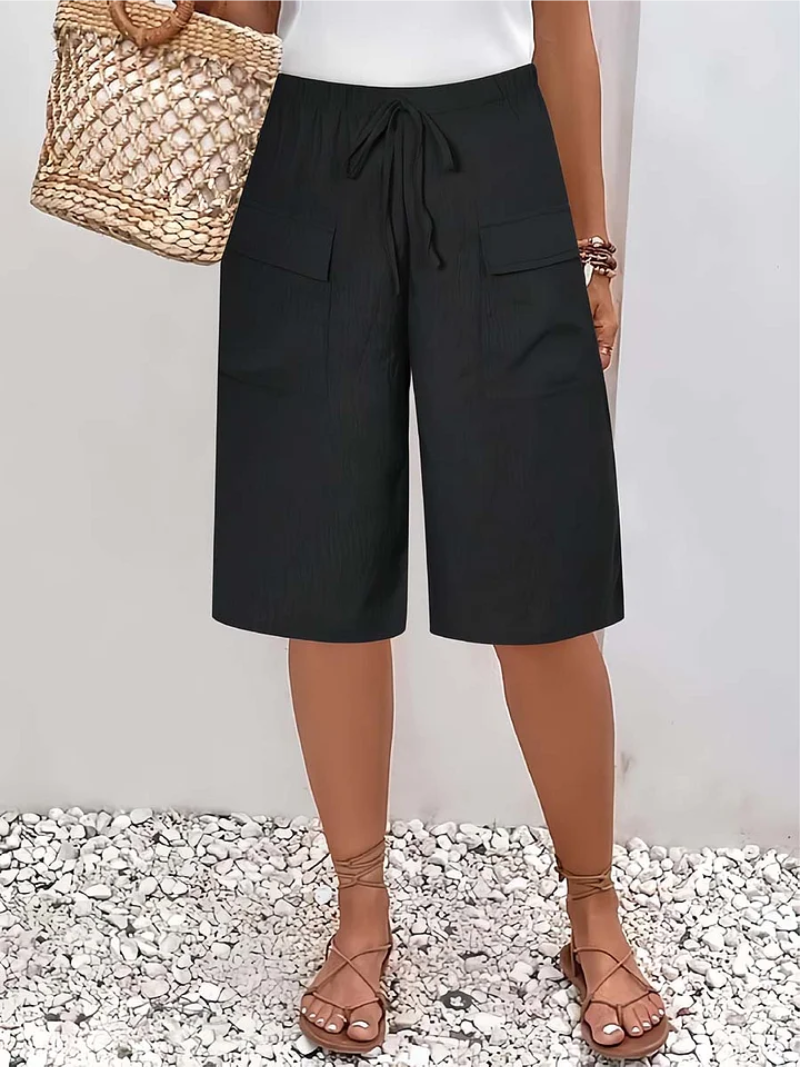 Pantalón corto mujer cintura elástica cordón bolsillos cargo