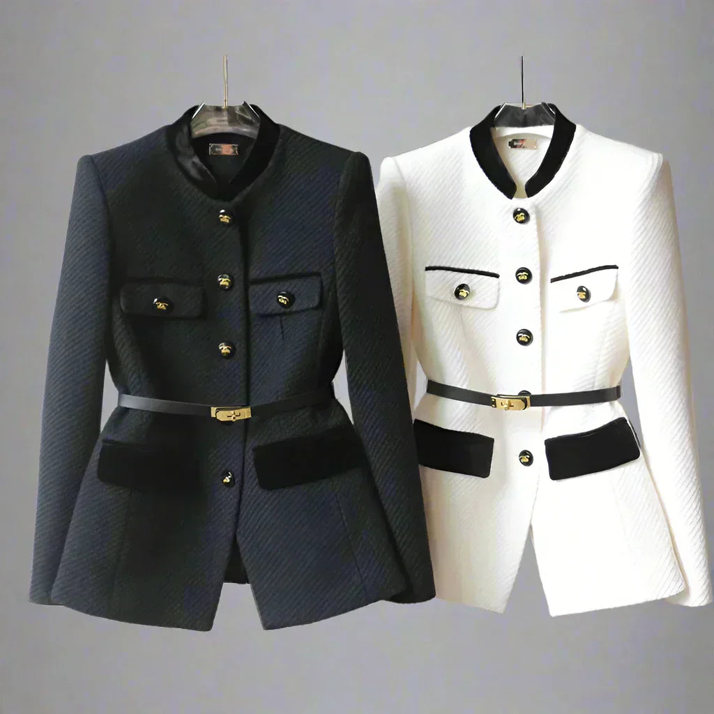 Structured Blazer-Style Jacket with Belt and Gold Buttons for Women