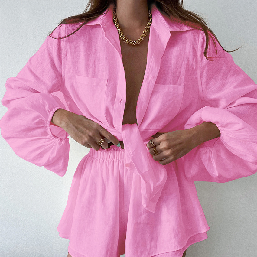 Conjunto de Dos Piezas para Mujer con Blusa de Lino y Pantalones Cortos