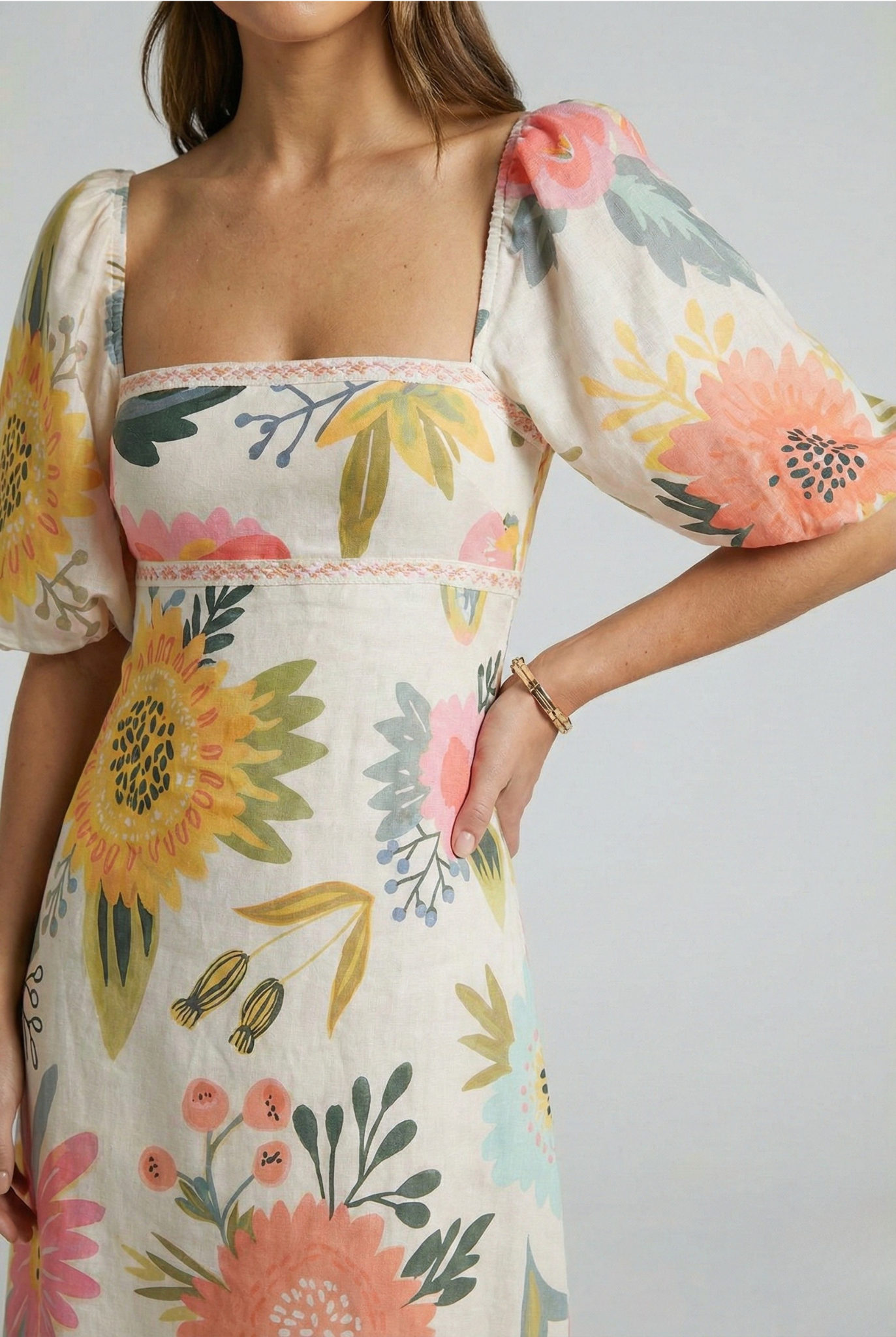 Vestido Largo de Poliéster Estampado con Mangas de Farol y Escote Cuadrado