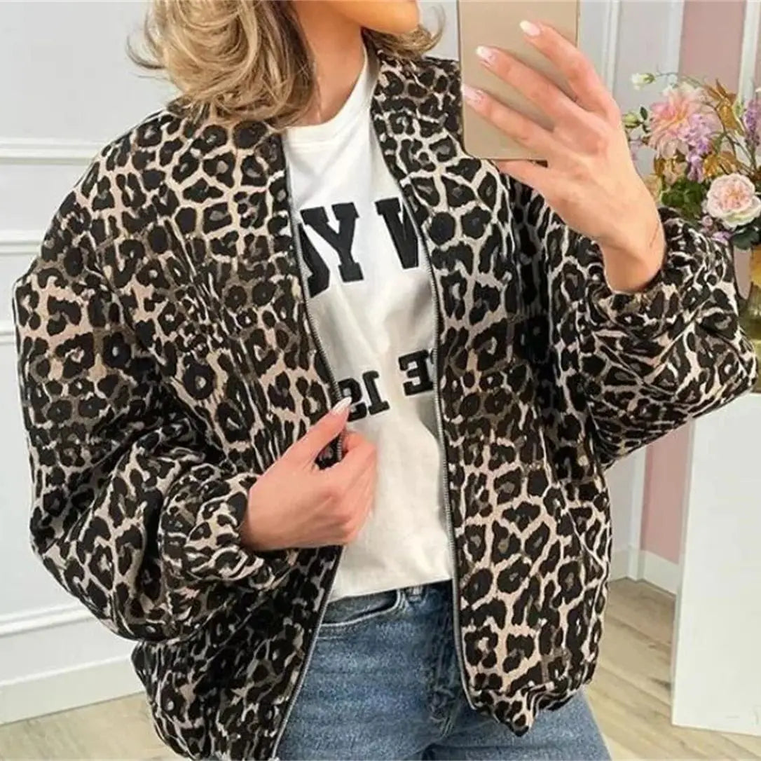 Chaqueta Bomber para Mujer con Estampado de Leopardo y Cremallera Frontal