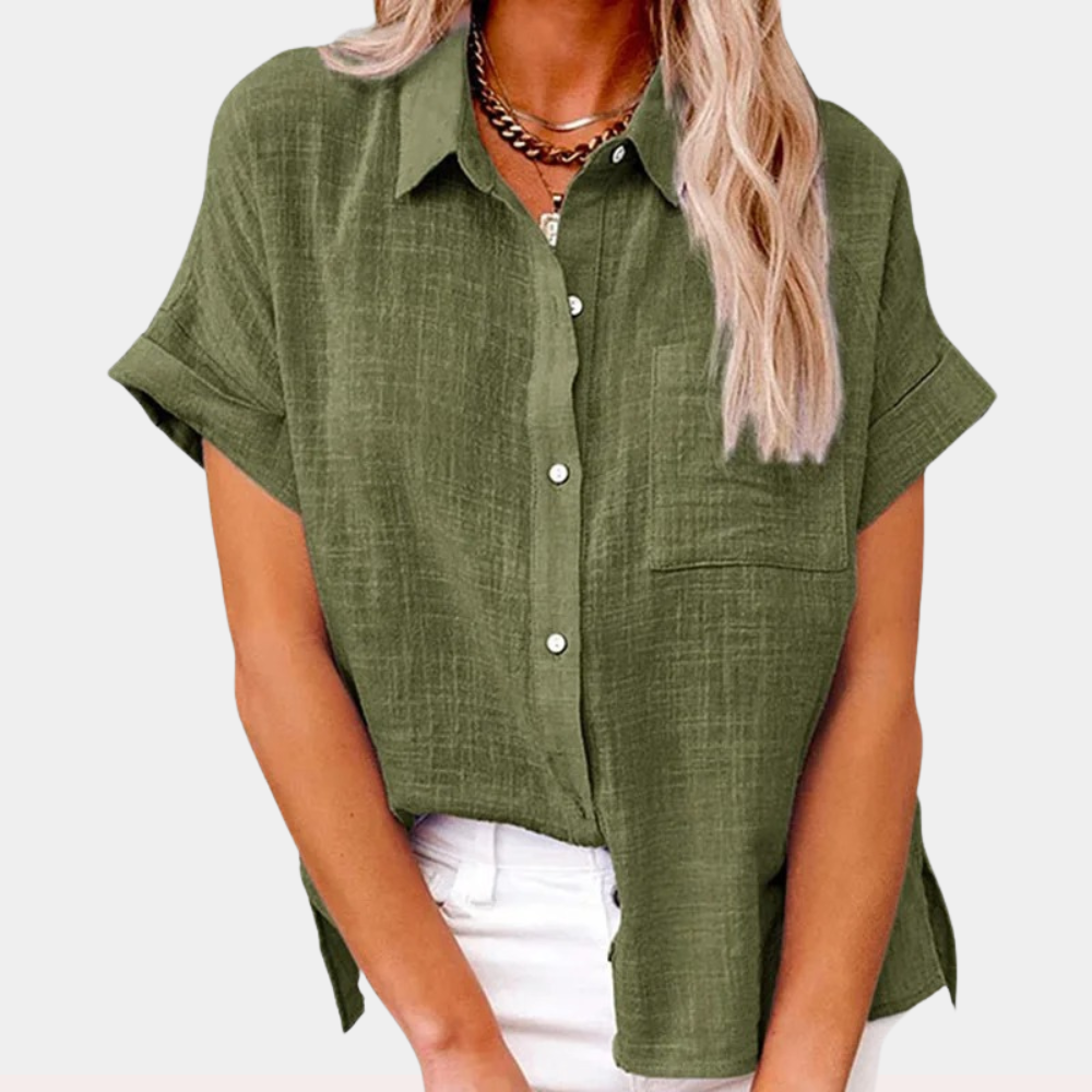 Blusa mujer lino manga corta cuello camisero ajuste relajado