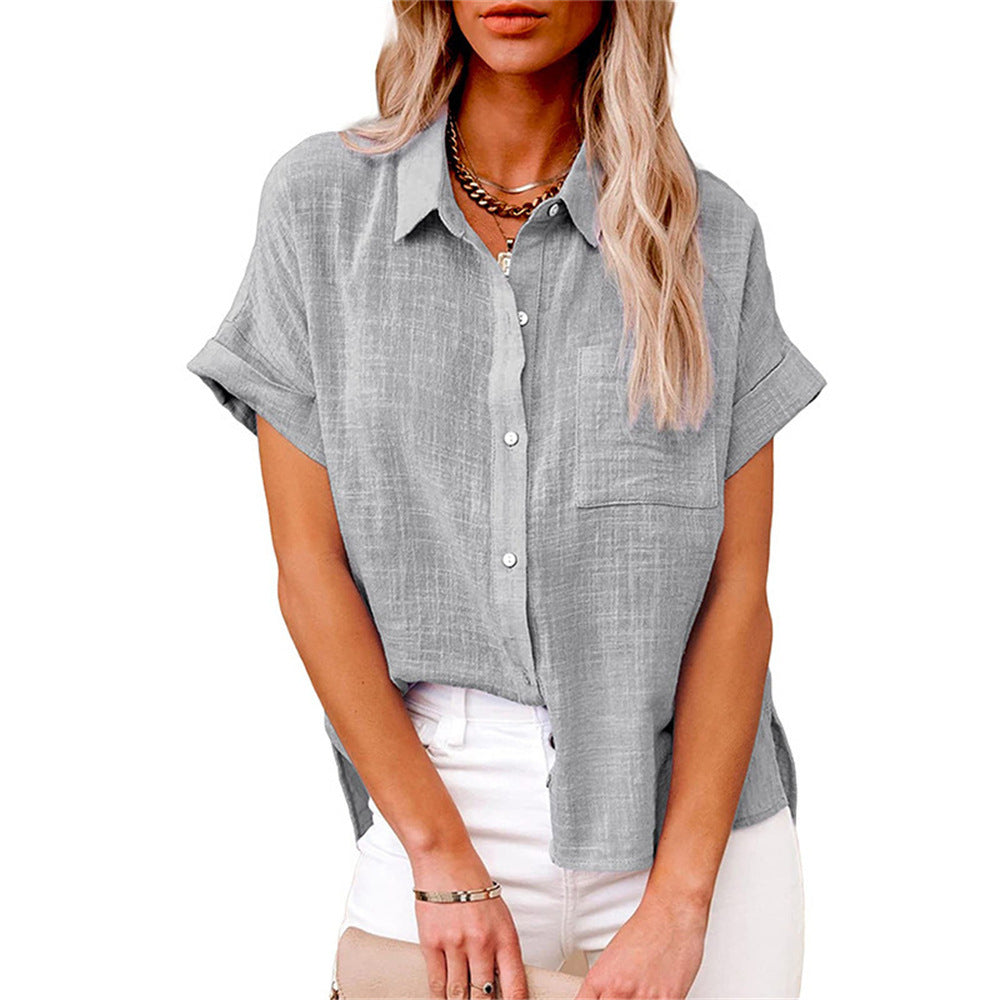 Blusa mujer lino manga corta cuello camisero ajuste relajado