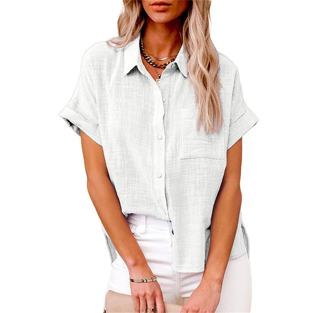 Blusa mujer lino manga corta cuello camisero ajuste relajado
