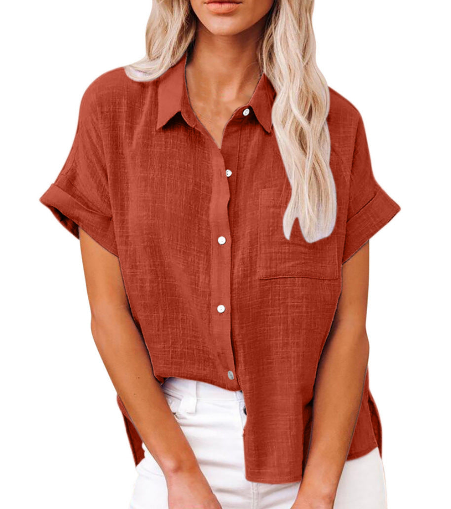 Blusa mujer lino manga corta cuello camisero ajuste relajado