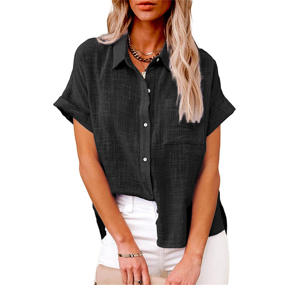 Blusa mujer lino manga corta cuello camisero ajuste relajado