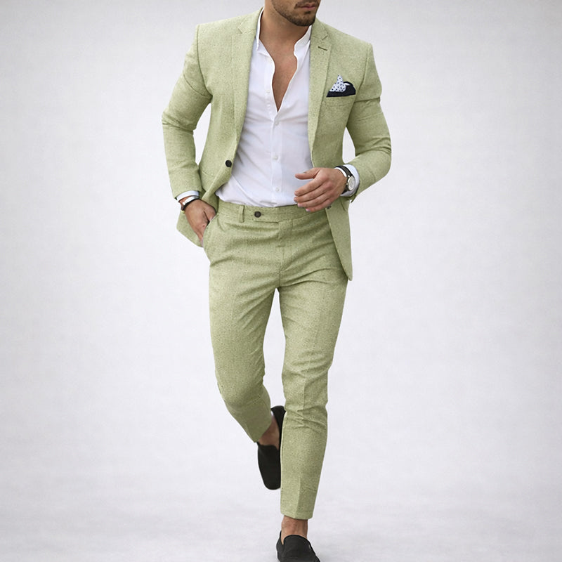 Costume deux pièces pour homme en mélange de lin avec coupe slim fit et revers cranté