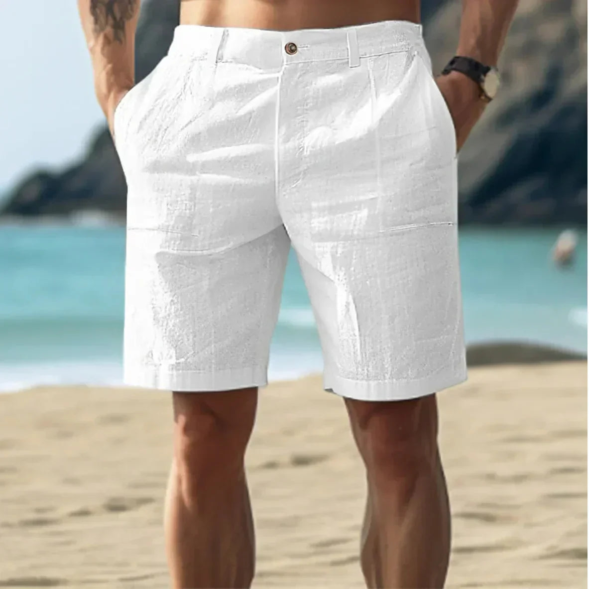 Pantalones Cortos de Lino para Hombre con Cintura de Cordón y Bolsillos