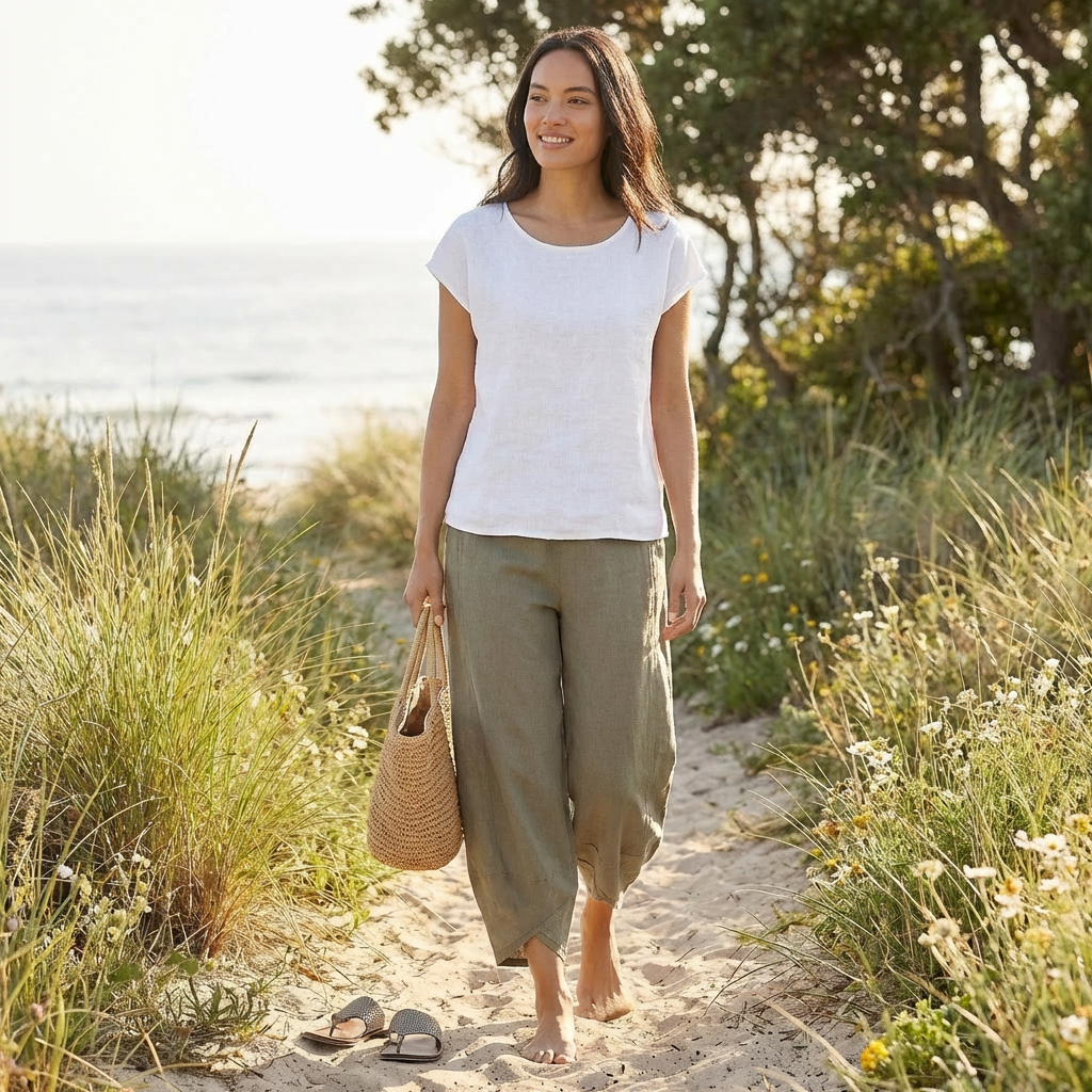 Pantalones Culotte de Algodón y Lino para Mujer con Bajo Asimétrico y Cintura Elástica