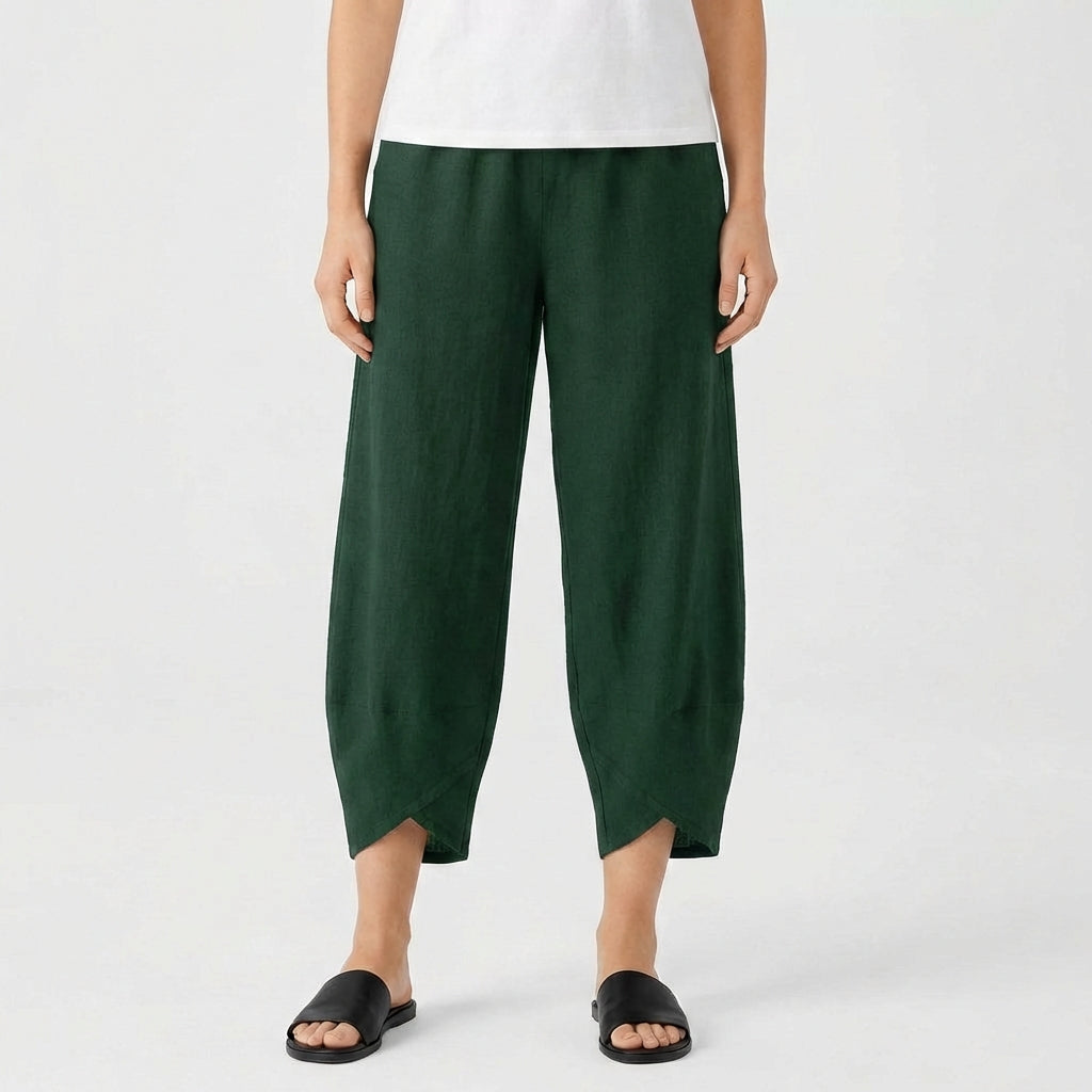 Pantalones Culotte de Algodón y Lino para Mujer con Bajo Asimétrico y Cintura Elástica