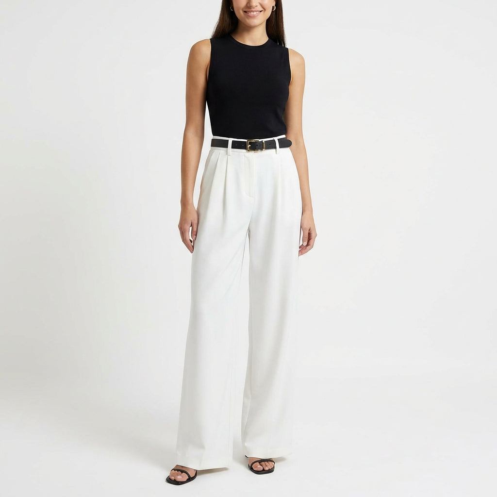 Pantalones de Vestir para Mujer de Talle Alto con Pernera Ancha y Pinzas Delanteras