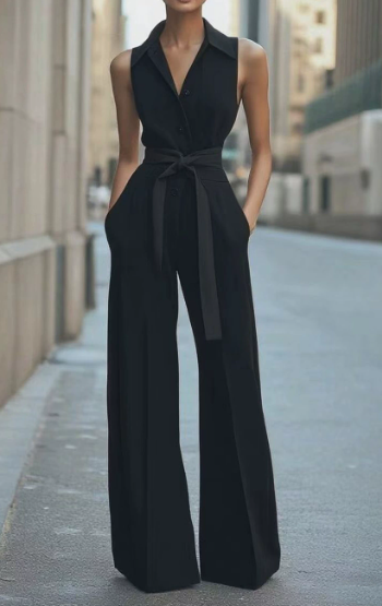 Mono de Mujer sin Mangas con Cuello de Solapa y Pantalón Largo de Pata Ancha