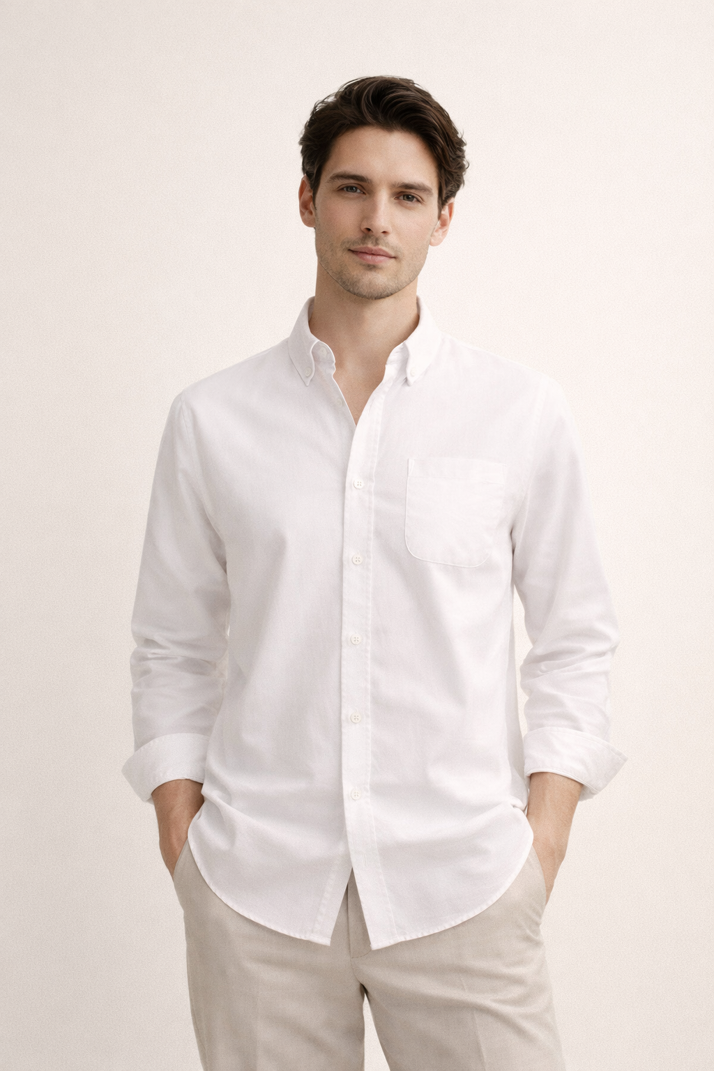 Camisa Casual de Manga Larga con Bolsillo en Pecho y Corte Recto para Hombre