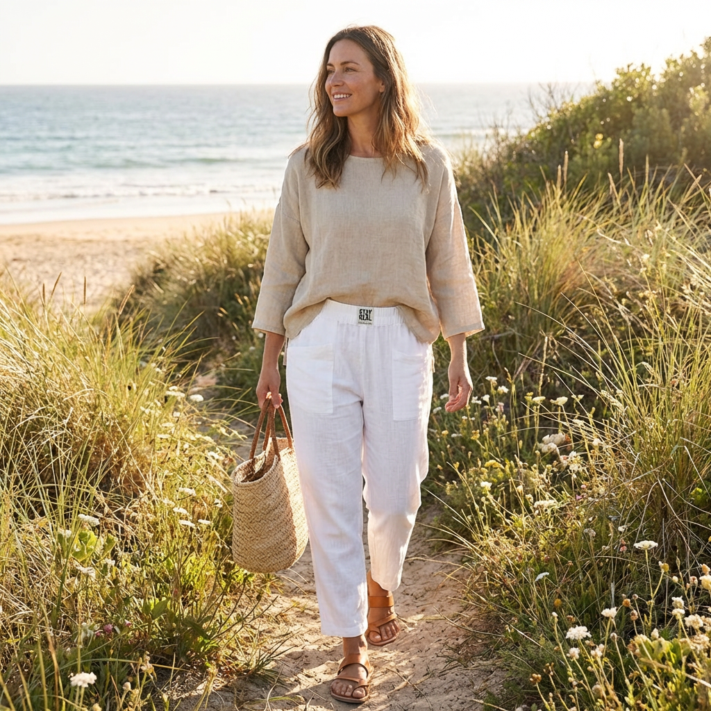 Pantalones de Algodón y Lino para Mujer con Cintura Elástica y Bolsillos de Parche