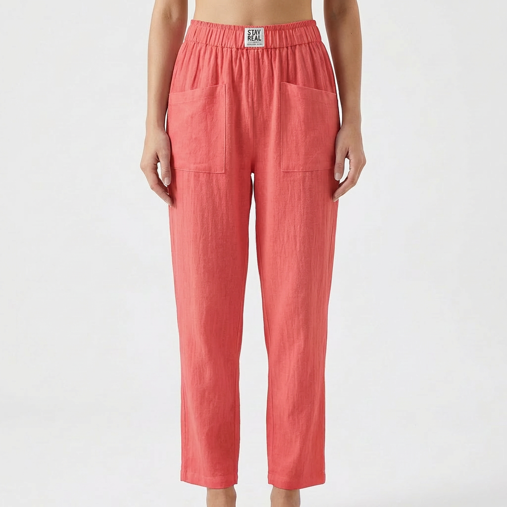 Pantalones de Algodón y Lino para Mujer con Cintura Elástica y Bolsillos de Parche