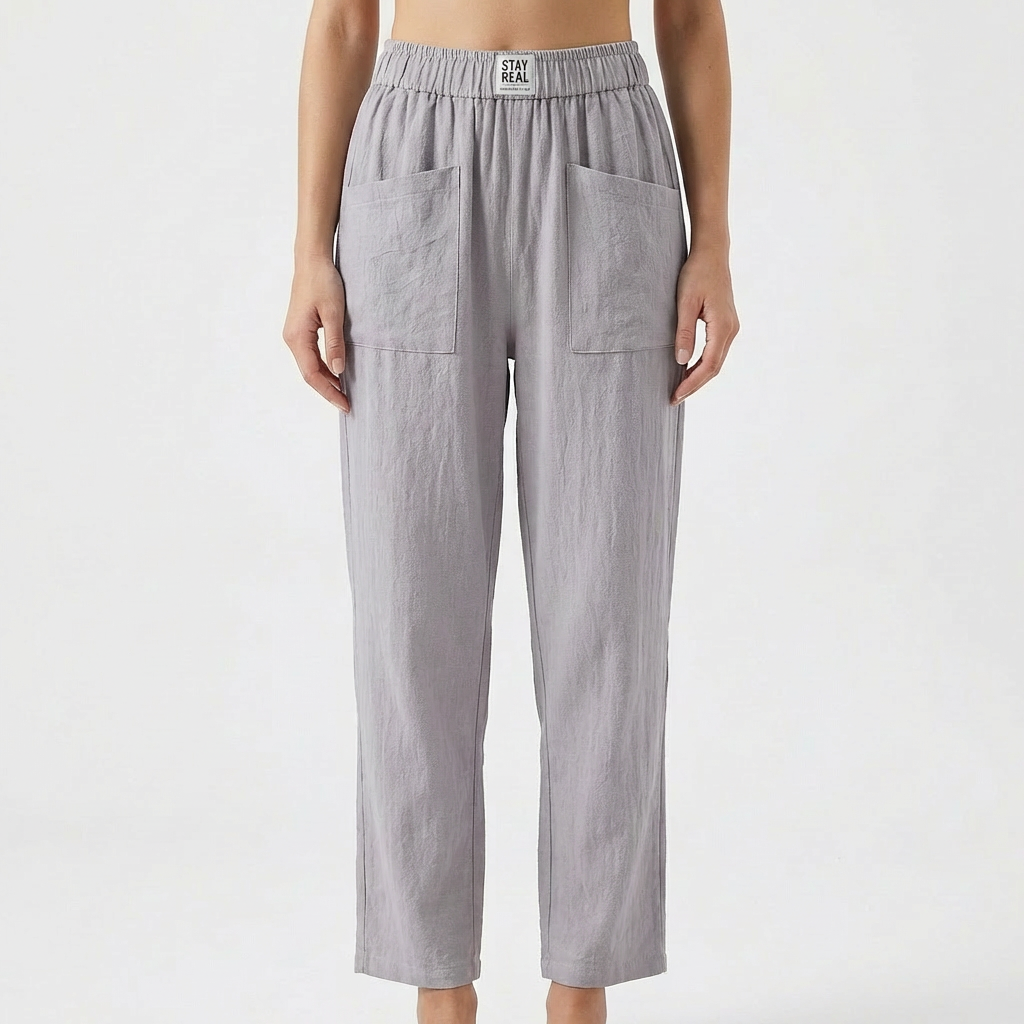 Pantalones de Algodón y Lino para Mujer con Cintura Elástica y Bolsillos de Parche