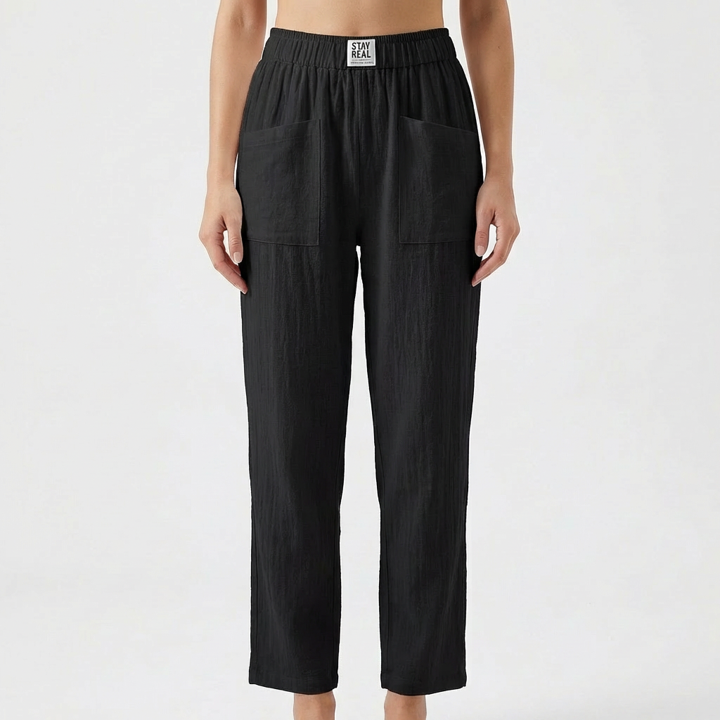 Pantalones de Algodón y Lino para Mujer con Cintura Elástica y Bolsillos de Parche
