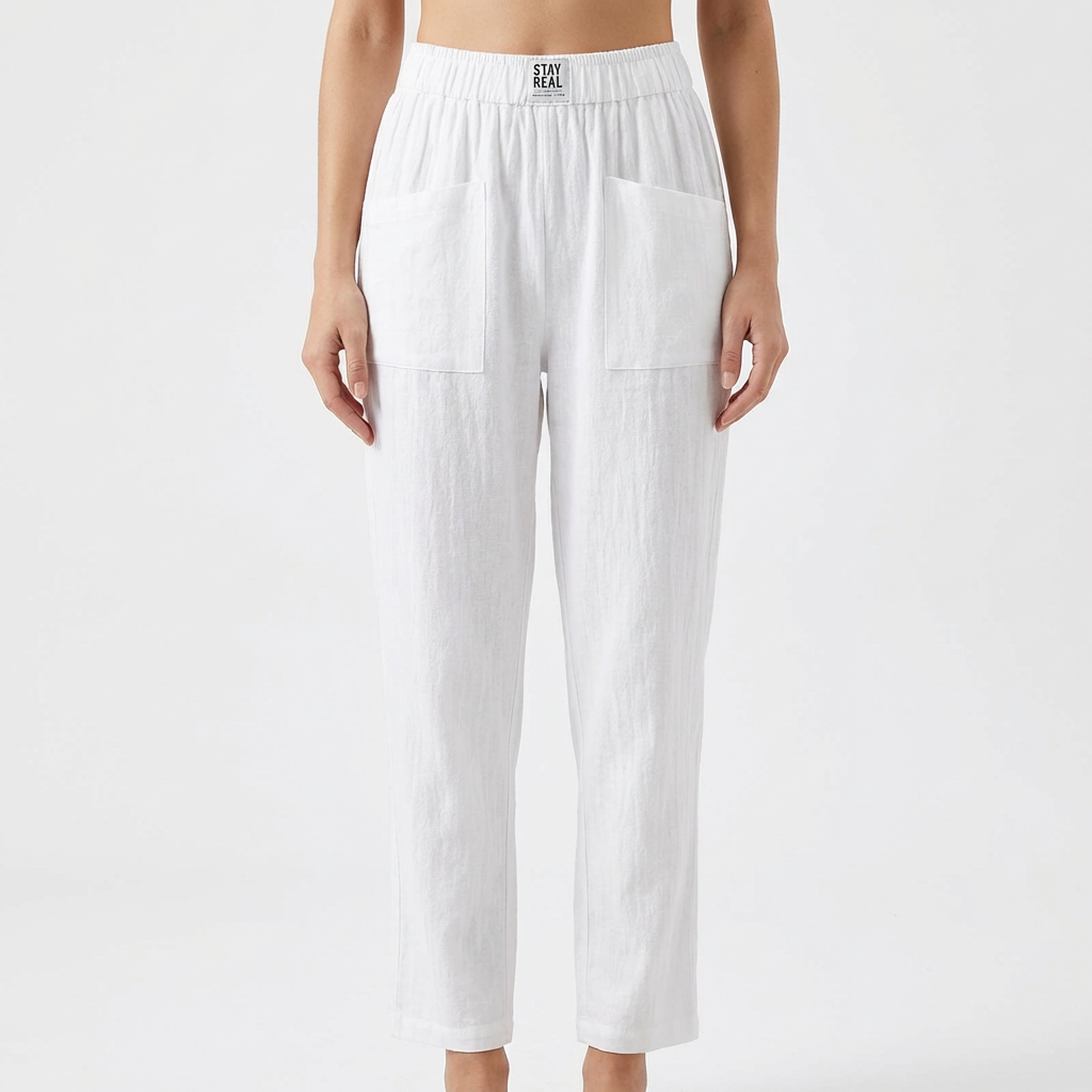 Pantalones de Algodón y Lino para Mujer con Cintura Elástica y Bolsillos de Parche