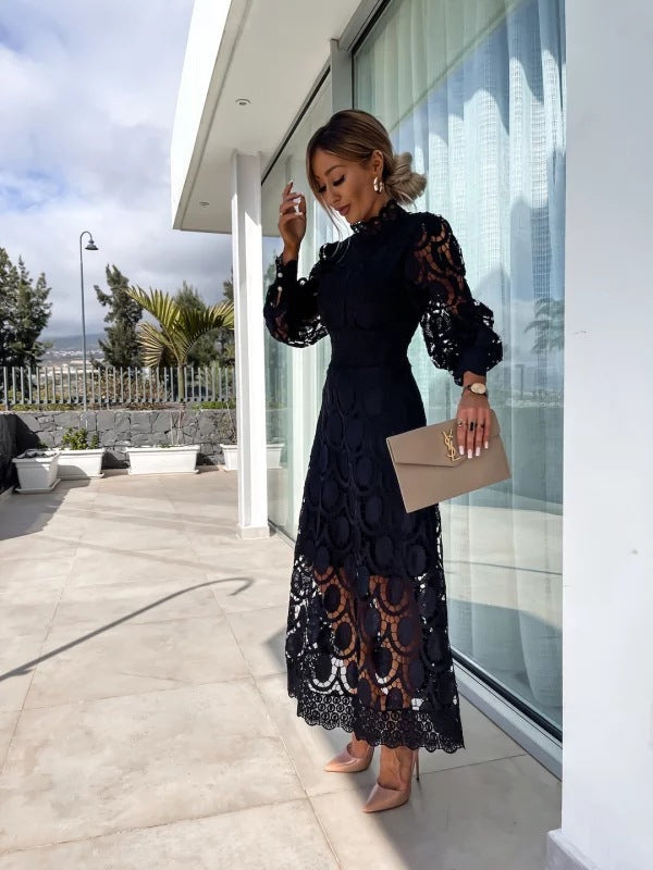Vestido Largo de Mujer de Poliéster con Encaje Calado y Mangas Abullonadas