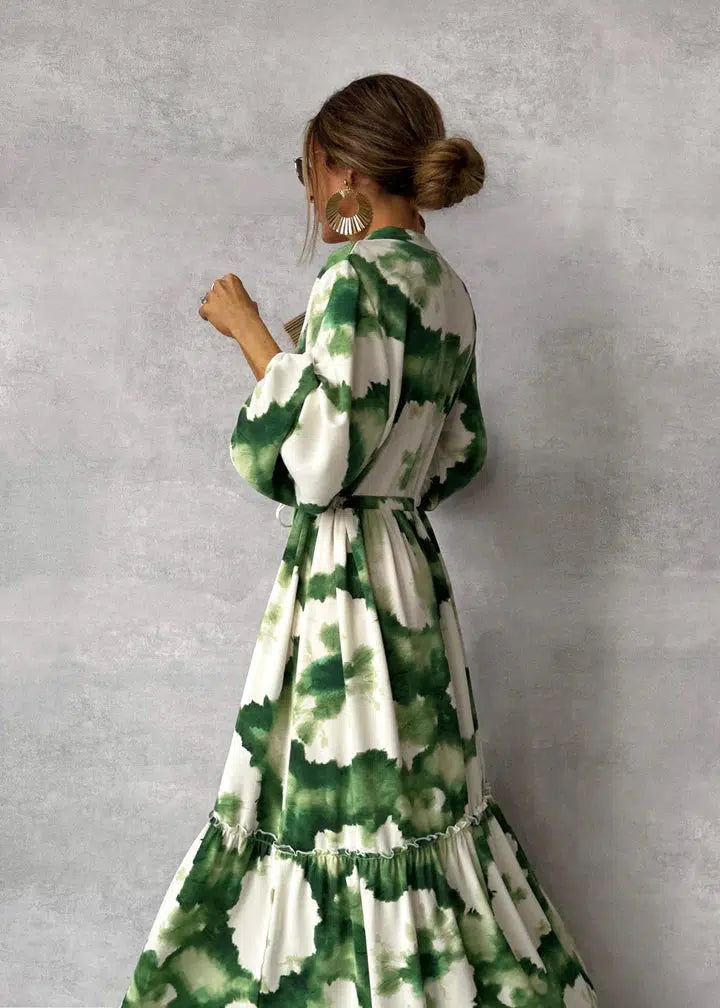 Vestido Largo de Poliéster con Estampado y Ajuste de Cintura con Cordones