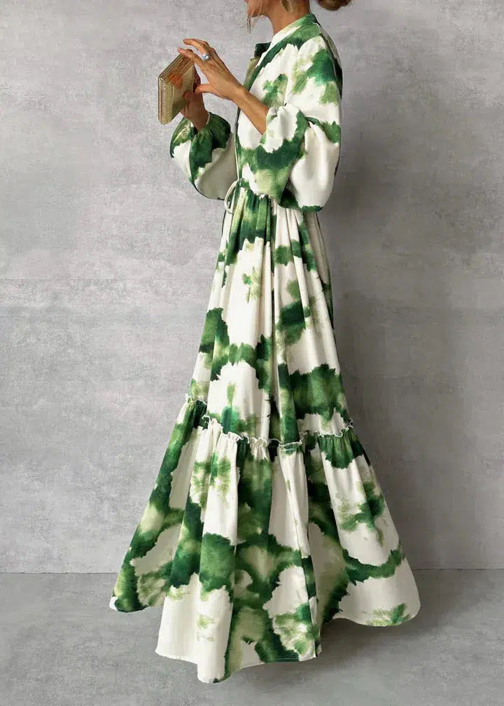 Vestido Largo de Poliéster con Estampado y Ajuste de Cintura con Cordones