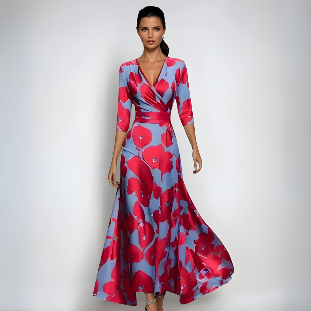 Vestido Largo de Manga Larga con Escote en V y Estampado Floral para Mujer