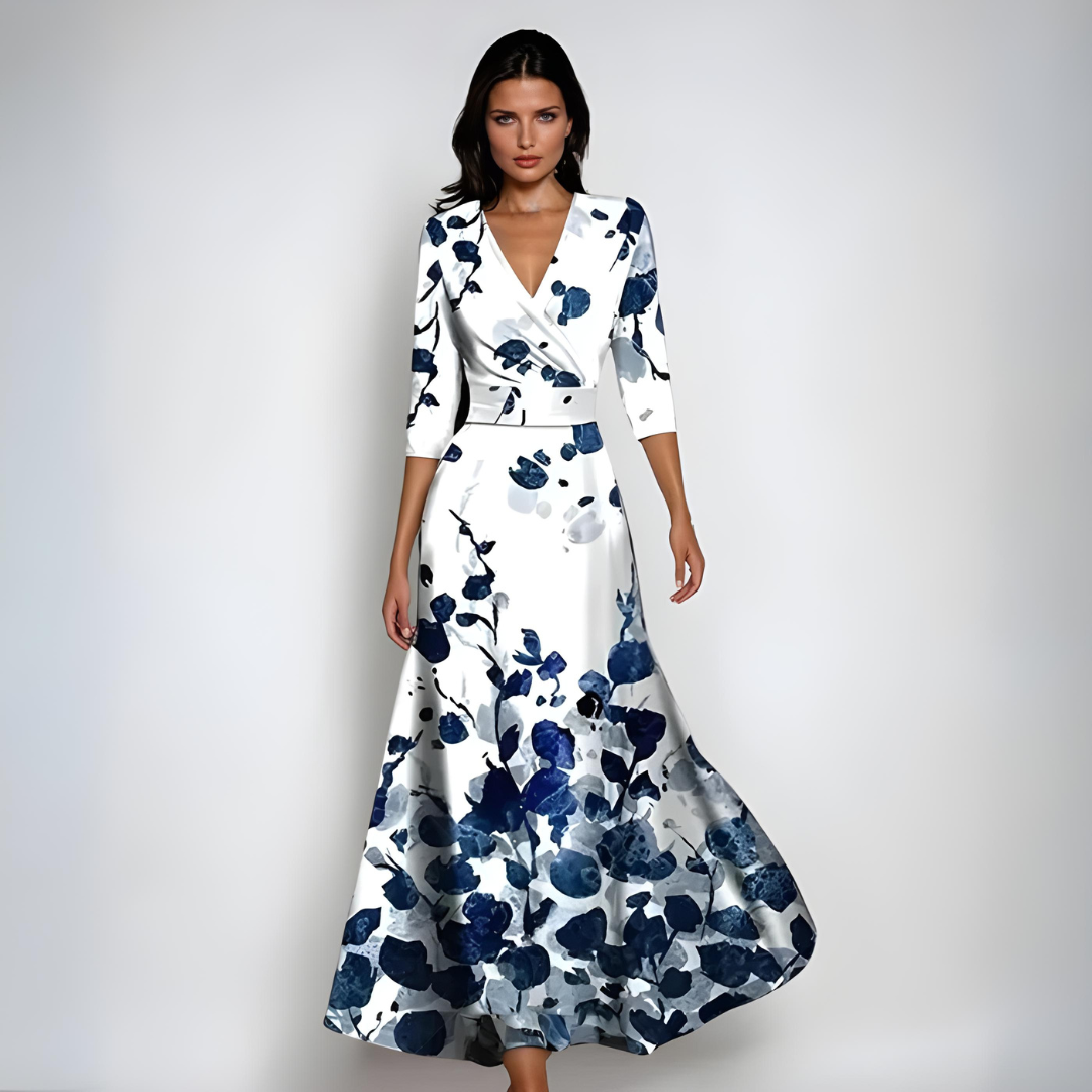 Vestido Largo de Manga Larga con Escote en V y Estampado Floral para Mujer