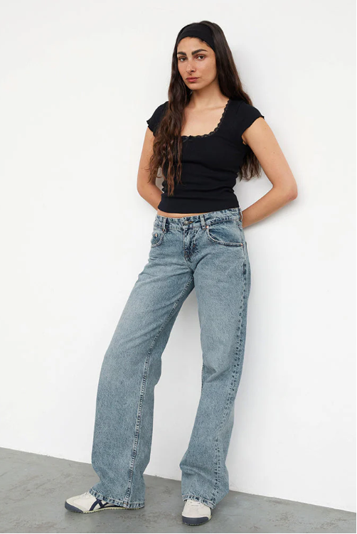 Vaqueros de Pierna Recta para Mujer con Cintura Baja y Denim Elástico