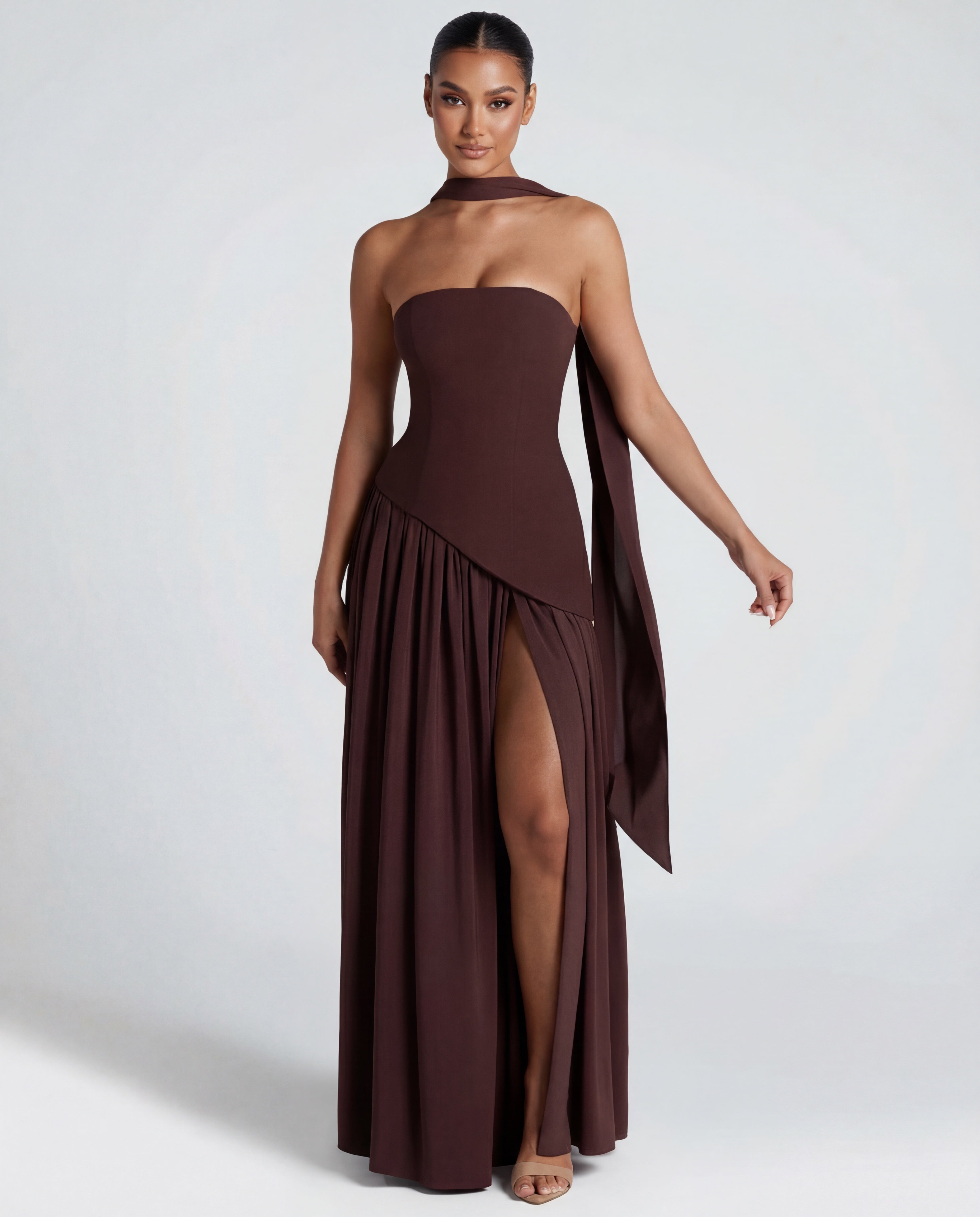 Vestido largo mujer — corpiño palabra de honor y cuello drapeado | fiesta